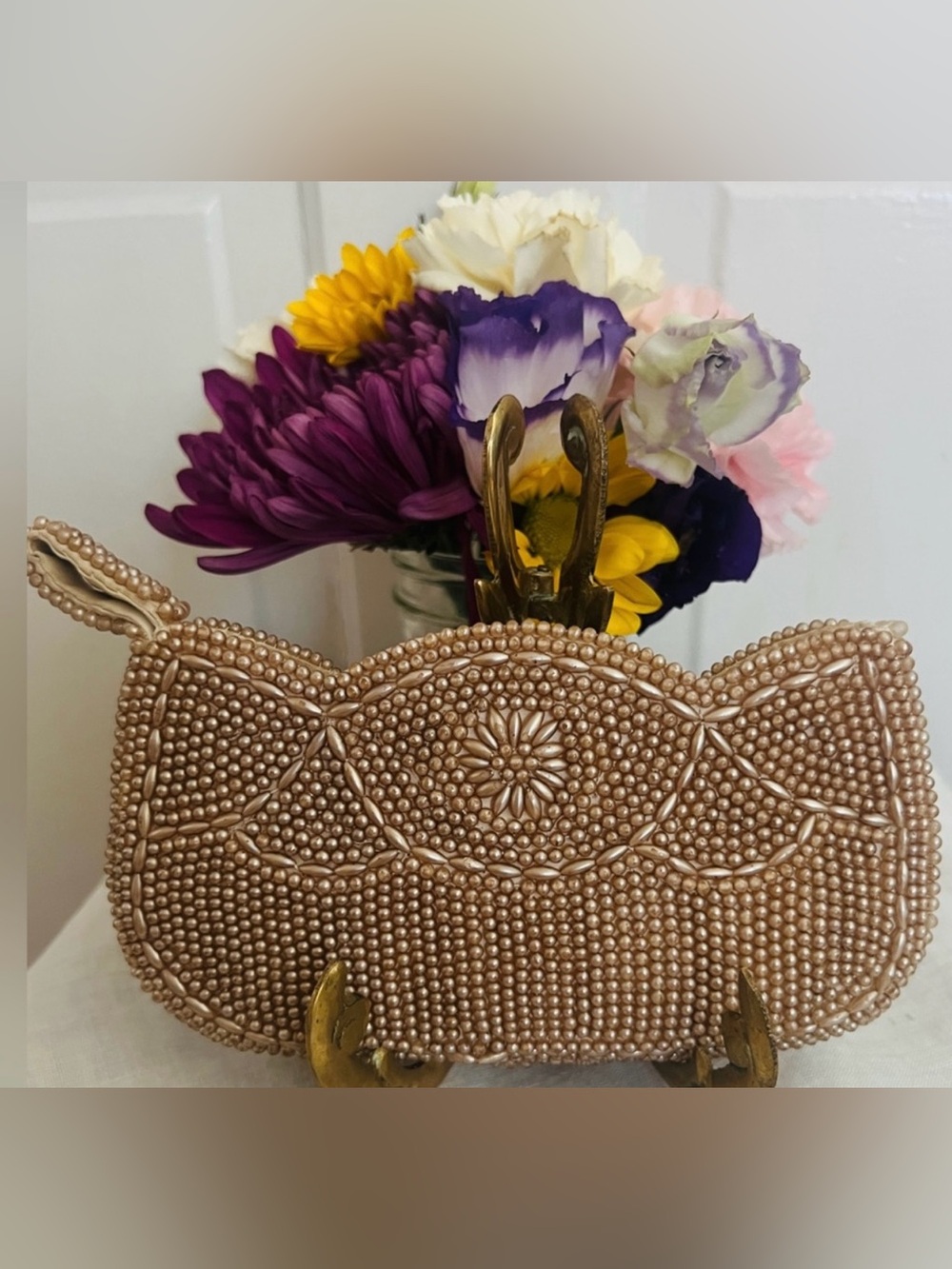 VTG Made In Japan Micro Beaded Faux Pearl Scalloped Clutch Evening Bag